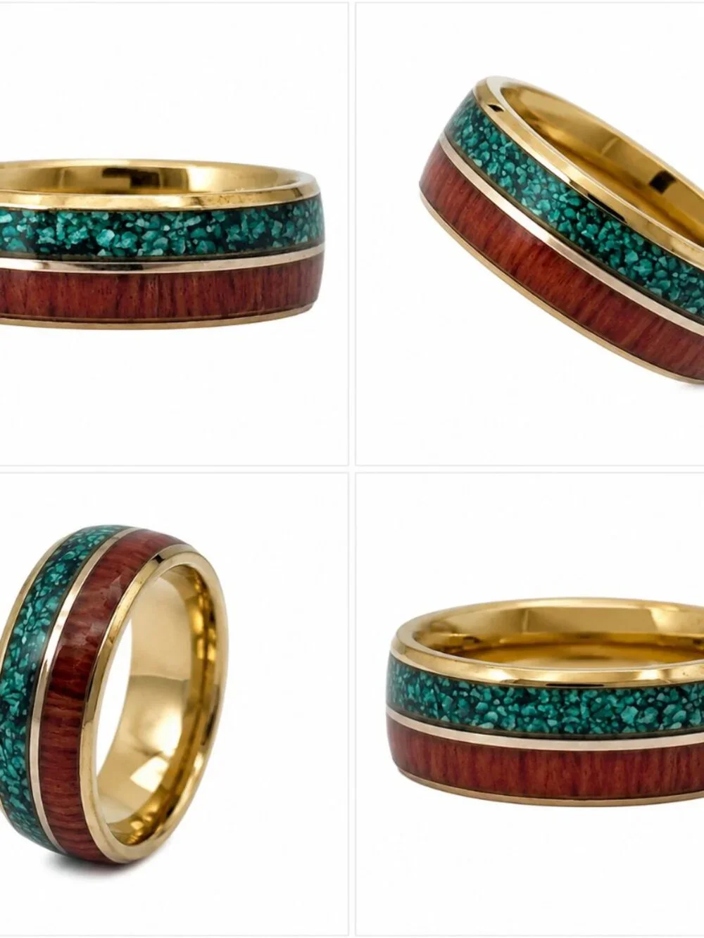 Size 12 Gold Stainless Steel Wedding Band – Green & Wood Inlay